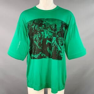 DRIES VAN NOTEN S The Lion Hunt Green Black Graphic Cotton Crew Neck T-shirt